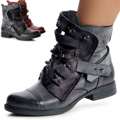 Damen Worker Boots Stiefeletten Nieten Stiefel Booties Schnürboots