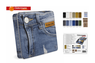 Gutermann Denim Blechgarn Set 100m x 12 Rollen plus Etiketten, Jeans Nadeln 799782