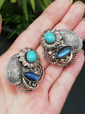 Boucles d'oreilles clips vintage 80 argentées, bleu, Taratata, Earrings clip - Photo 1/4