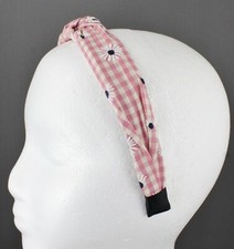 Pink Cream gingham turban knot headband plaid fabric band grip teeth flowers