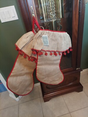 Arcadia Home Pom Pom Christmas Stocking 24'' Jute New  Red Trim Eco Friendly