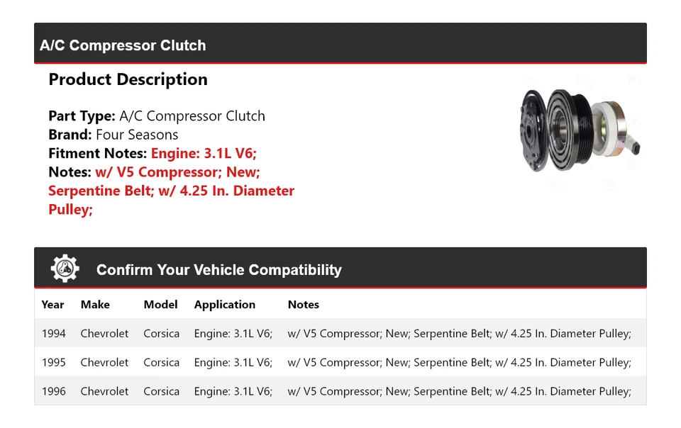 Embrague compresor aire acondicionado V6 3,1 L 1994-1996 4 estaciones 1995 Foto 2 de 4