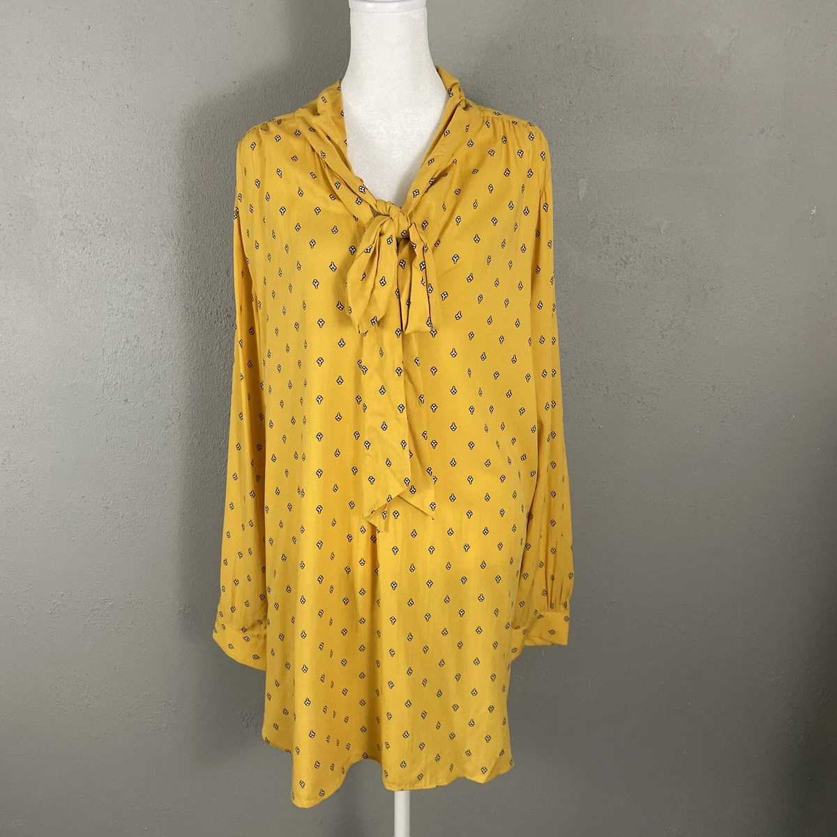 LOFT Women's Size XL Tunic Blouse Yellow Print Tie Neck Rayon Top Classic |  eBay