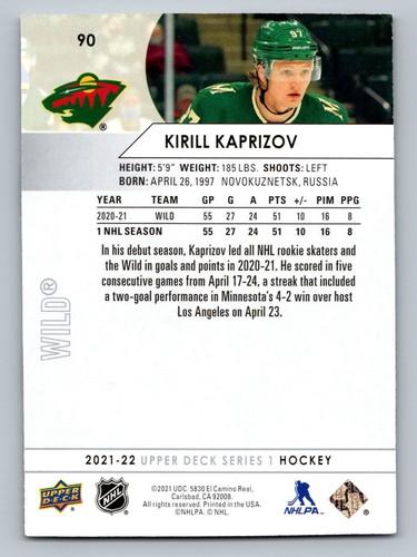 Kirill Kaprizov 2021 - 22 Upper Deck Series 1 #90 Minnesota Wild - Bild 2 von 2