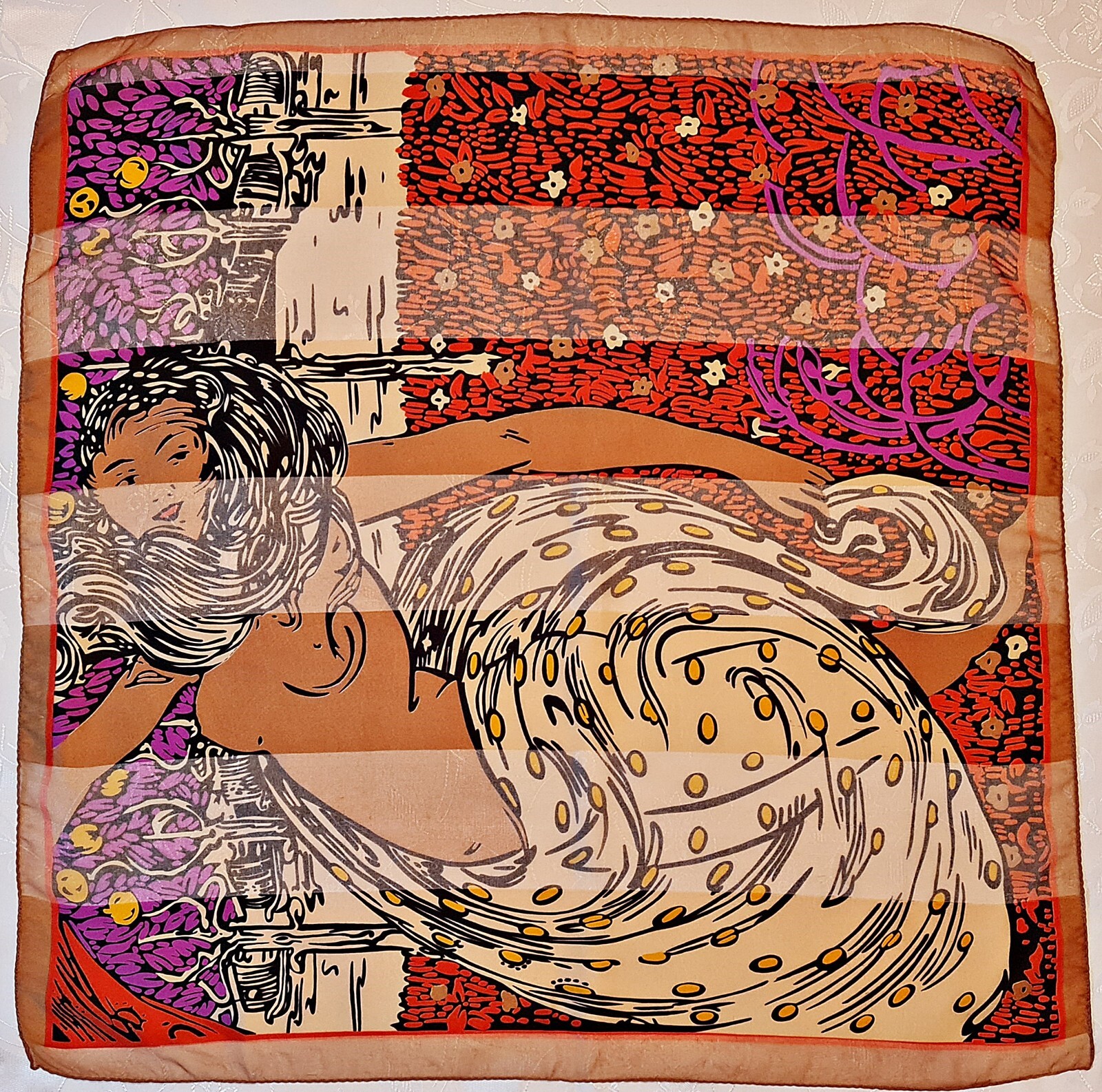 Vintage Gustav Klimt Style Art Scarf 30” Square Silk Design-image
