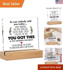 Elegant 4x4 Inspirational Desk Display - Modern Acrylic Quote Sign in Wood Stand