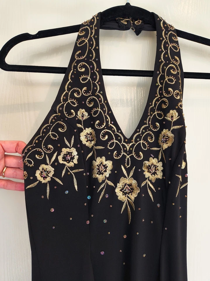 Size 4 Floor Length Black Gown Embroidered Gold Floral Beaded Sequin Accent NIKI - Image 2 of 4