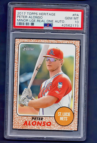 Error Real One On Card Auto PSA 10 Pete Alonso RC Topps Heritage Minors pop1