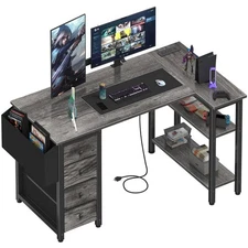 L Shaped Computer Desk with Drawers & Storage Shelves, 47 Inch Small Corner D...