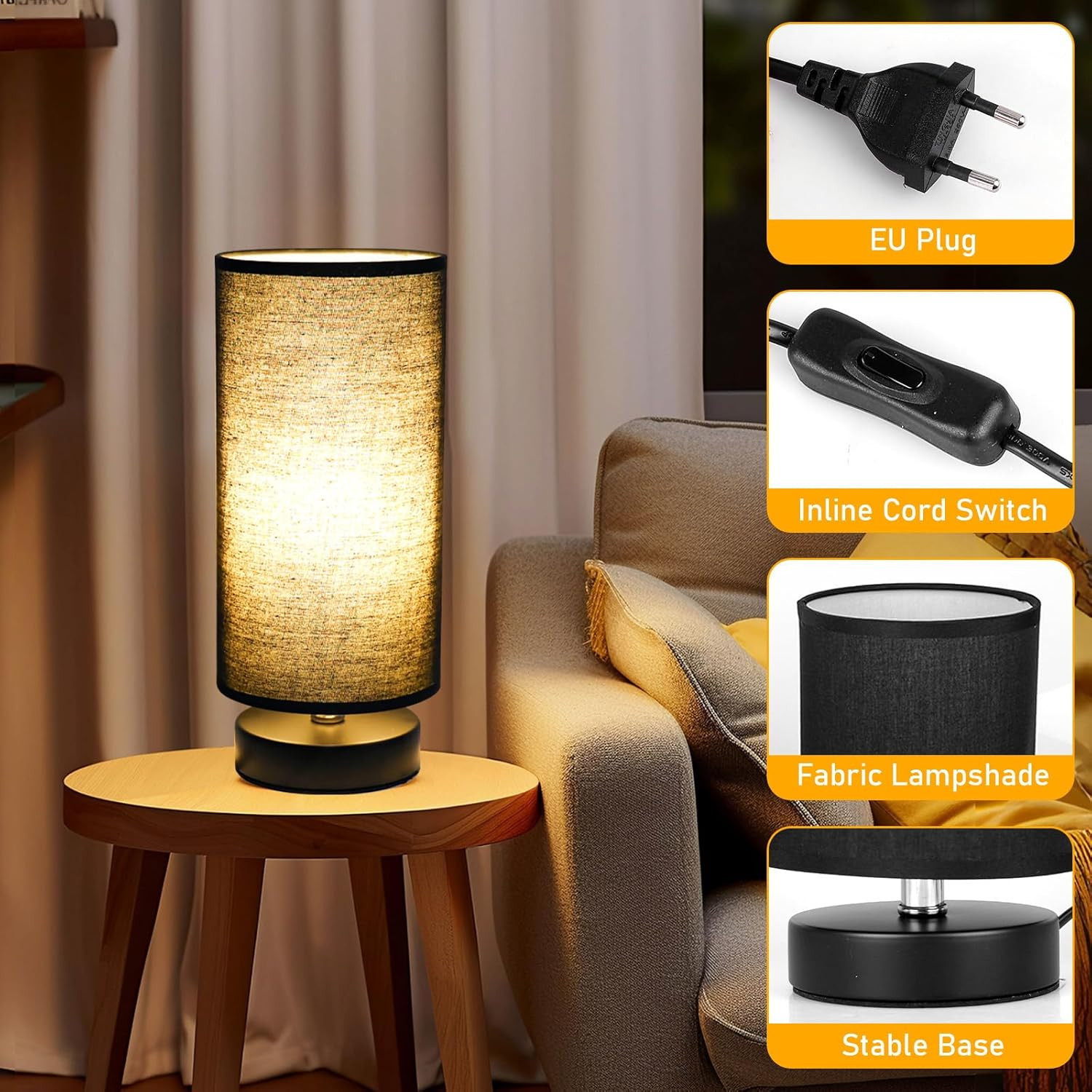Lot de 2 lampes de chevet E27 avec abat-jour en lin noir pour chambre et salon - 4