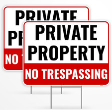 2PC Private Property No Trespassing Sign with Metal Stakes, 12"X9" - Corrugated