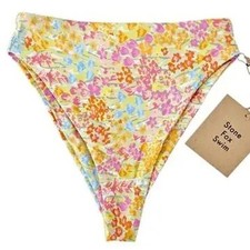 NWT Stone Fox Swim Sumatra Flower Fields High Waist Bikini Bottom XS Yellow Pink