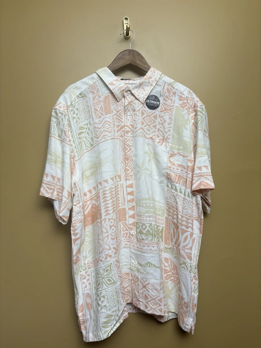 Chemise rouge en coton imprimée de palme, coupe ajustée col américain