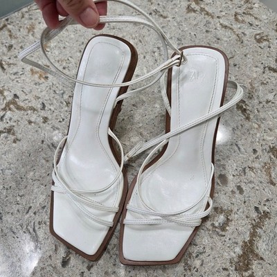 Zara White Heeled Sandals Square Toe Ankle Strap Minimalist Size 39