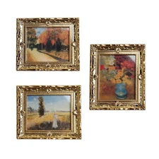 3Pcs 1:12 Mini Miniature Gold Frame Art Wall Picture Oil Painting Home Decor