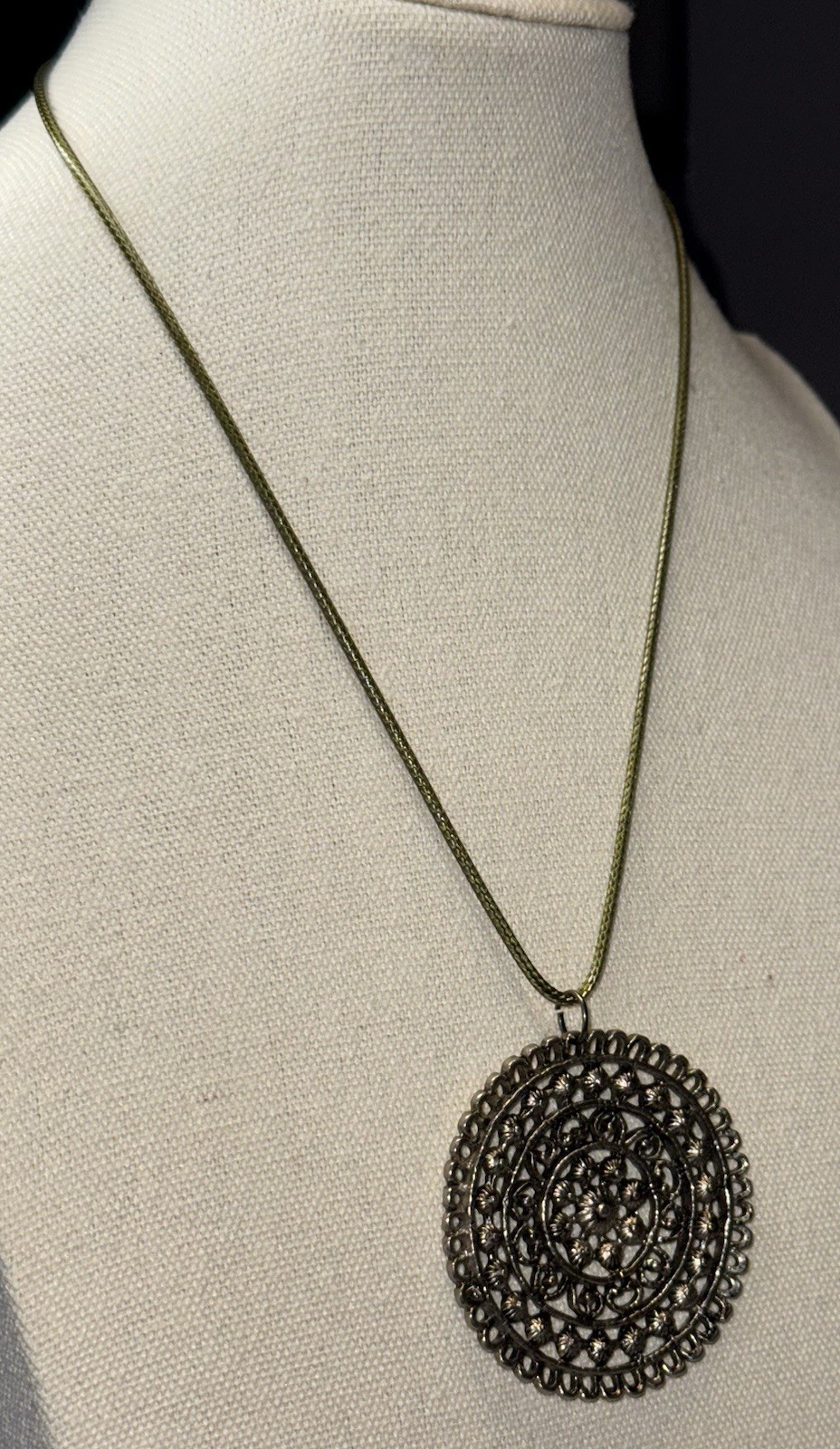 Vintage Large Statement Silvertone Round Pendant … - image 5