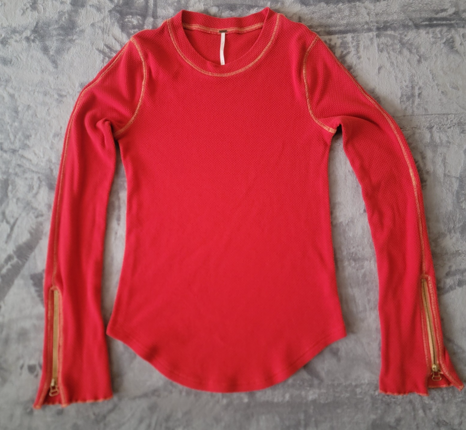 Free People Womens M Thermal Top Waffle Knit Long Sleeve Zip Cuff Red