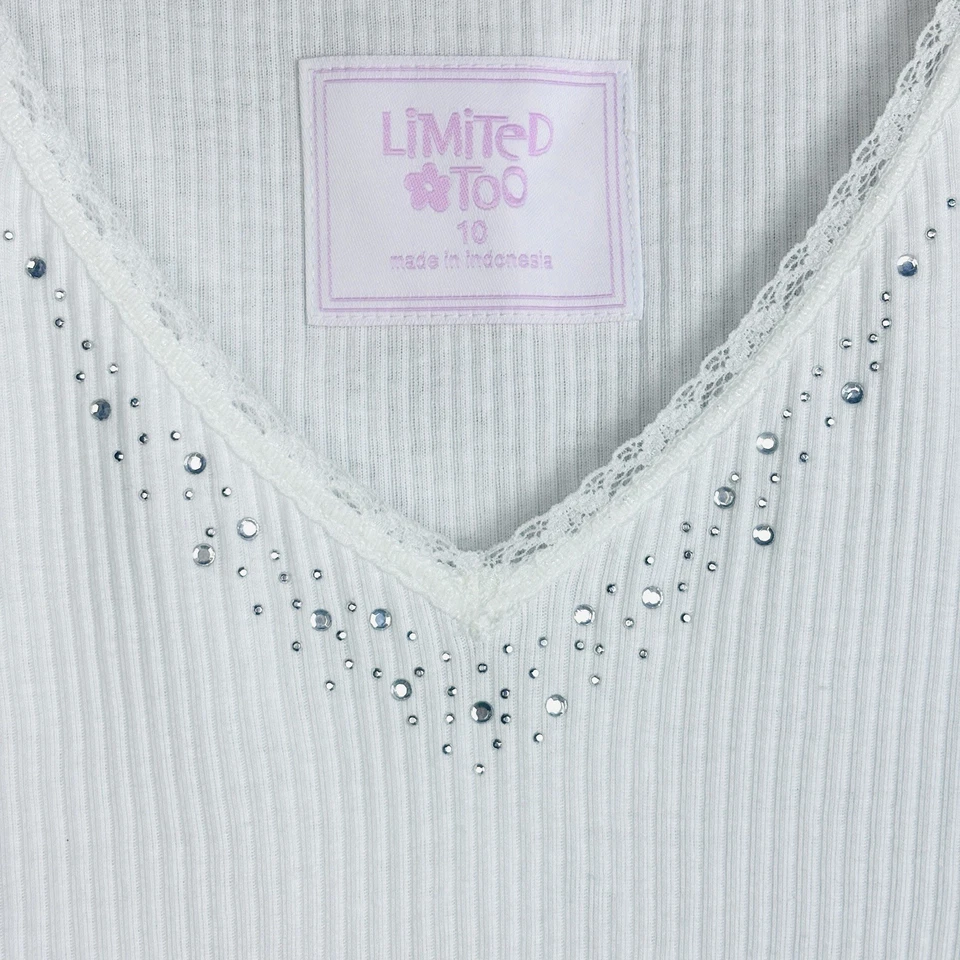 De colección 2000 Y2K Limited Too Top Niñas 10 Blanco Acanalado Cuello en V Encaje Estrás Foto 3 de 4