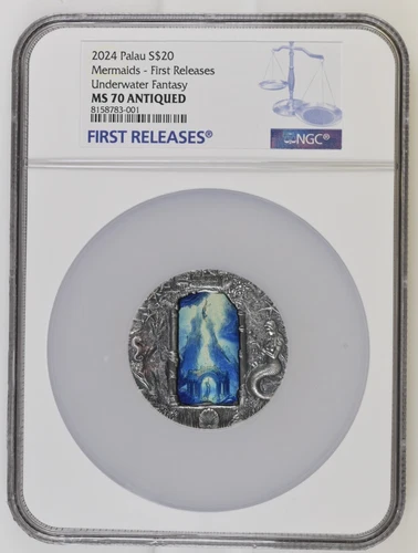 2024 Palau 3 oz Silver Antique Underwater Fantasy: Mermaids NGC MS70 FR