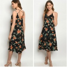 NWT Black Flower Floral Criss Cross Straps Midi Dress Small Sweet Feminine Light