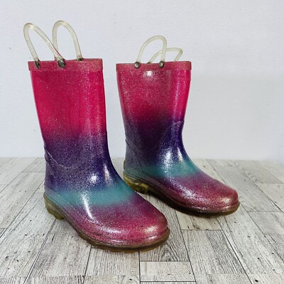 Western Chief Girls Rainbow Rain Boot Size 12 Glitter Light-Up Pull On  Handles