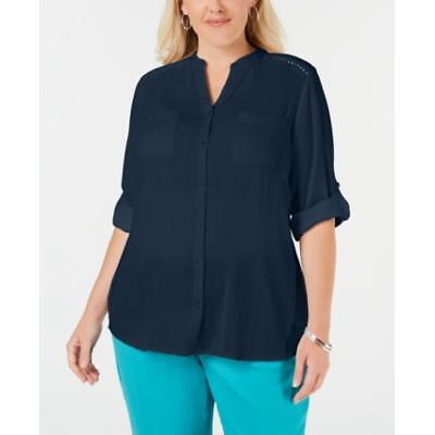 Charter Club Plus Size Eyelet-Trim Textured Top, Intrepid Blue, 0X