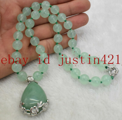 Pretty 10mm Natural Light Green Jade Beads Gemstone Pendant Necklace 18'' AAA
