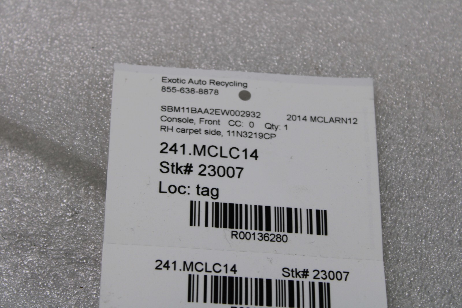 McLaren MP4-12C, RH, Right, Side Carpet, Used, P/N 11N3219CP