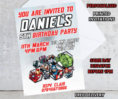 Personalisierte PRINTED AVENGERS A6 Geburtstag Party Einladungen Einladungen TEXT HINZUFÜGEN