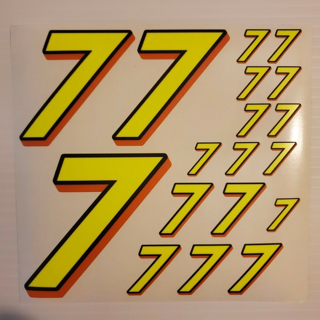 7's Flourescent Yellow w/bl.Orange Racing Numbers Vinyl Decal Sheet 1