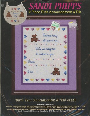 Sandi Phipps Baby Birth Announcement & Bib Bears Counted Cross Stitch KIT