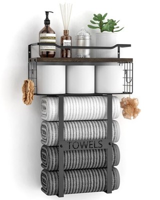 Rustic Brown Wood Vertical Towel Rack - Bath Wall Holder Set Above Toilet Sto...