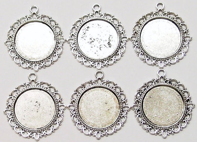 6 of 20mm Round Antique Silver Victorian Scalloped Loop Pendant Settings 35x32mm
