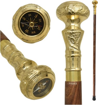 Brass Handle Walking Cane with Compass Wooden Shaft   Vintage Gentleman Stick