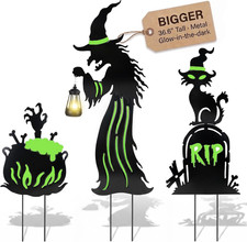 Halloween Decorations Outdoor - 3 Pack Metal Witch Yard Stakes with Solar Lanter