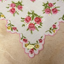 VTG Floral Hankie Cotton Pink White Flowers Scalloped Edge NWT 13x13"