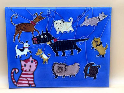 299 Dogs and a Cat- Enamel Painted Art Glazed Tile 11 x 14 inch