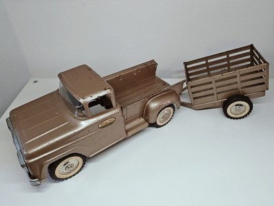 Vintage 1959 Tonka No. 02 Stepside Pickup & Stake Trailer Set - Bronze - Rare