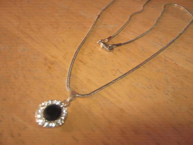 Black Bead & Rhinestone Pendant Chain Necklace Silver Tone