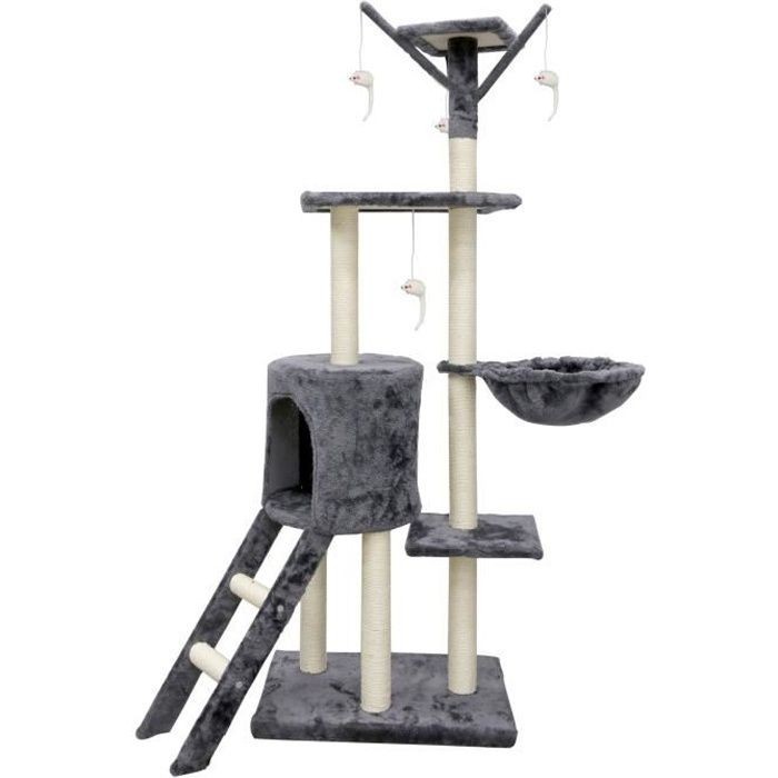 Arbre à chat 138 cm JIPSY gris en peluche épaisse avec perchoir stable
