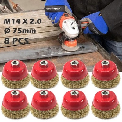8x Topfbürste Drahtbürste M14x2 - Ø75mm Flex Winkelschleifer Messing beschichtet