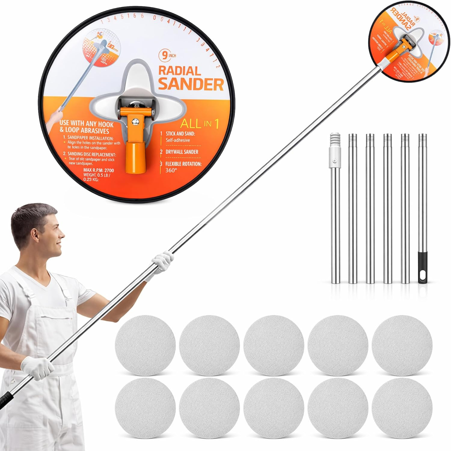 9 Inch Drywall Pole Sander Kit: 360° Rotation Radial Sander with 180Cm Extension