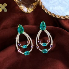 Luxury Fashion 18k Gold CZ Double Round Long Dangle Drop Female Party Earrings