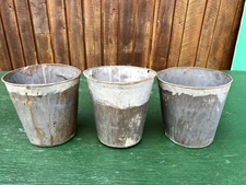 Vintage 3 Sap Pails Buckets Flower Planters 9" High Maple Syrup Tin Finish #48