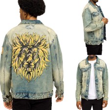 Victorious Men's Distressed Lion Long print Sleeve Denim Jean Jacket   DK211EY