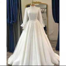 Elegant High Neck Muslim Wedding Dresses Long Sleeves Lace Flowers A Line Gowns