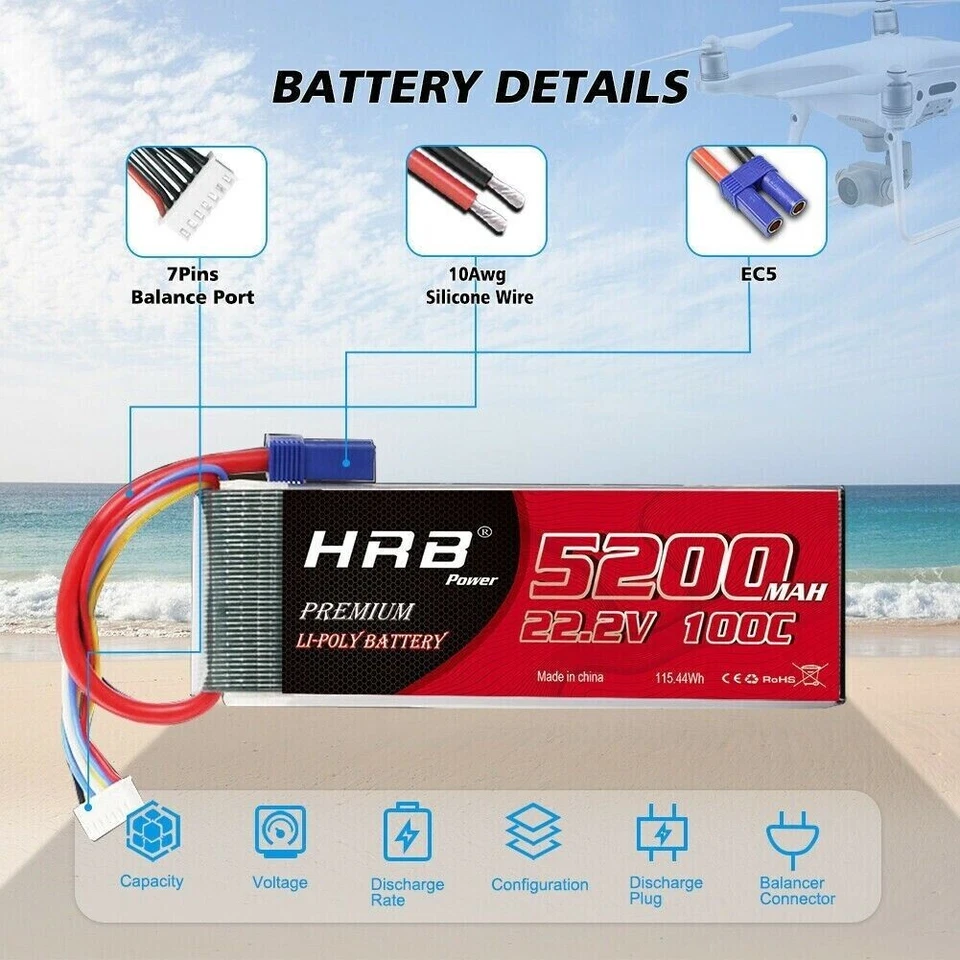 Batería LiPo HRB 22.2V 6S 5200mAh 100C EC5 para RC Helicóptero Avión Camión Foto 4 de 4