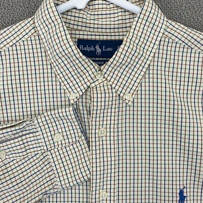 Ralph Lauren Button Up Shirt Mens 17 XL Long Sleeve Beige Check Blue Pony