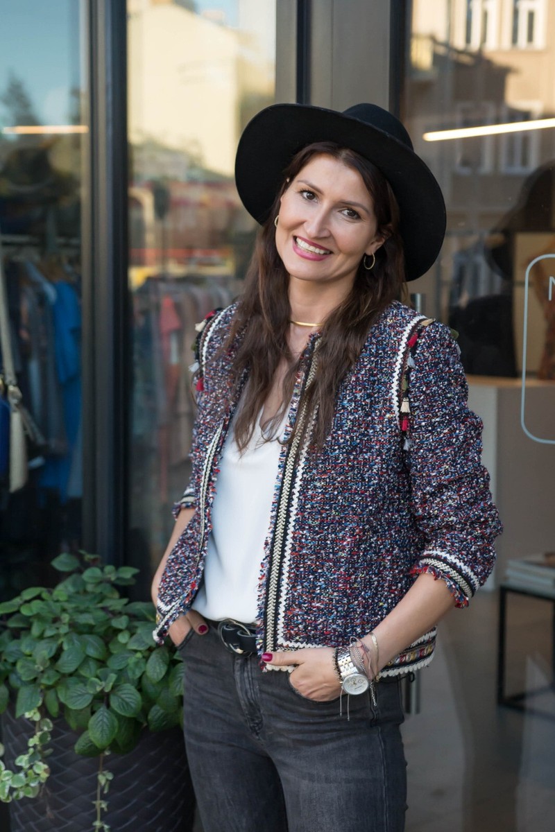 A710 ZARA BLAZER TWEED TASSEL RED NAVY MULTICOLOR BOUCLE COAT