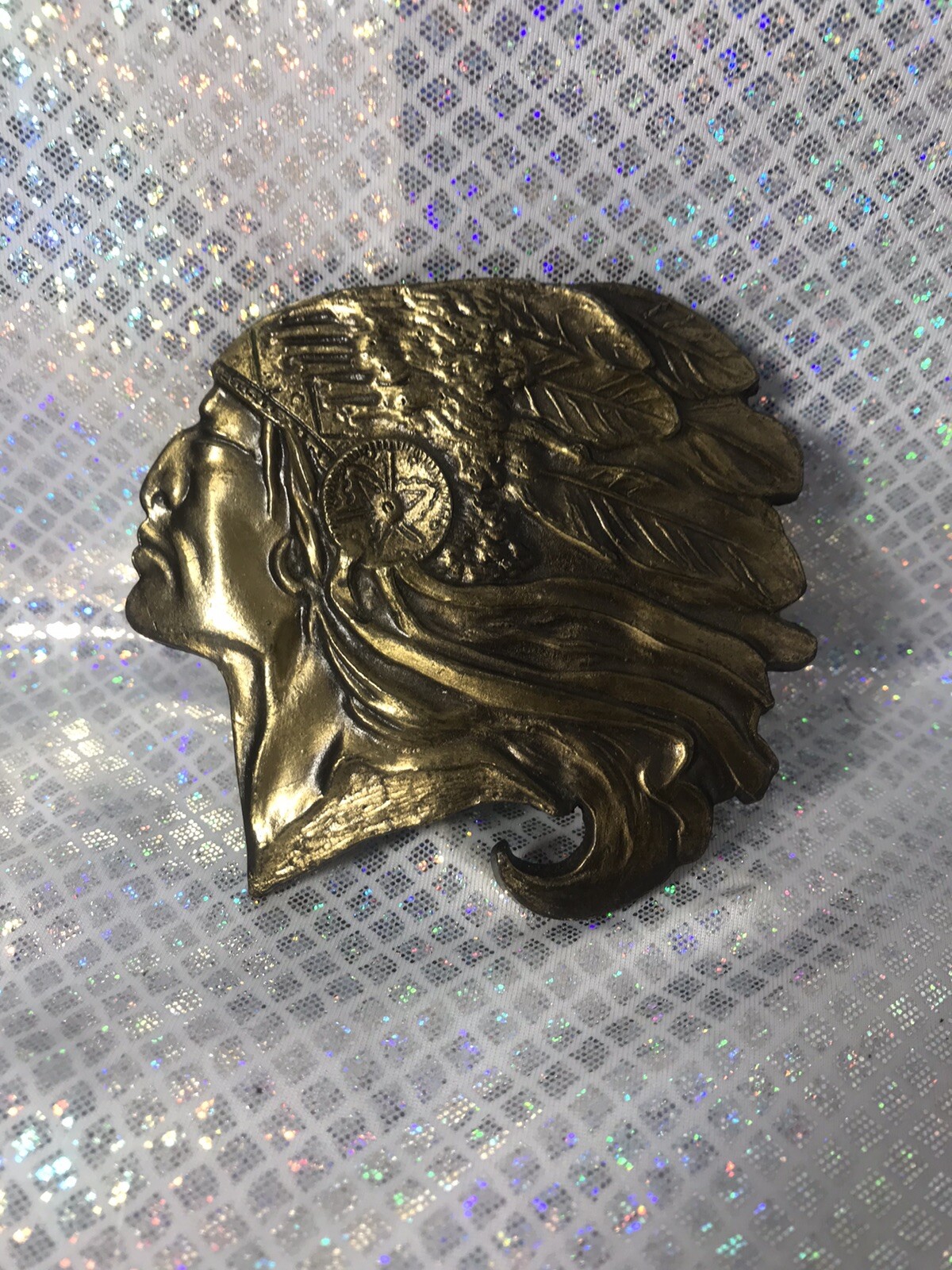 Vtg Native American Solid Brass Indian Head Windswept Hair Flowing Belt